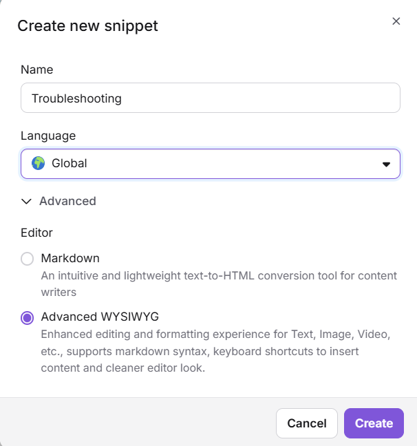 Create new snippet dialog showing name, language, and editor type options