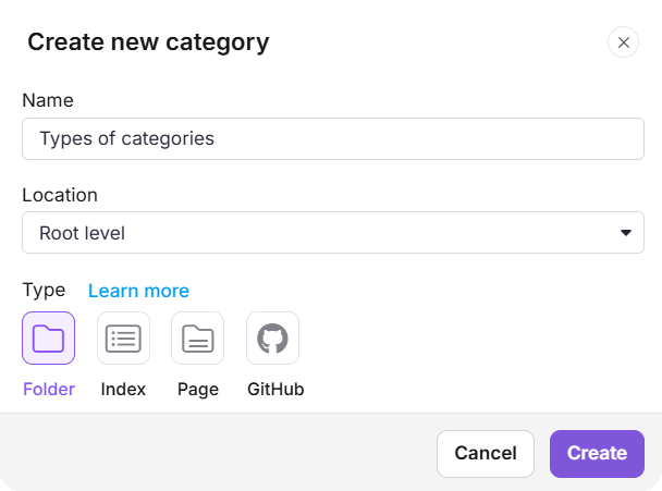 Category type selection during category creation