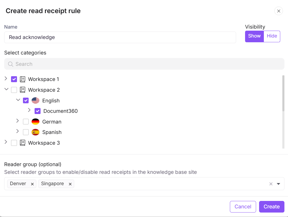 Create read receipt rule panel showing category and reader group selection options