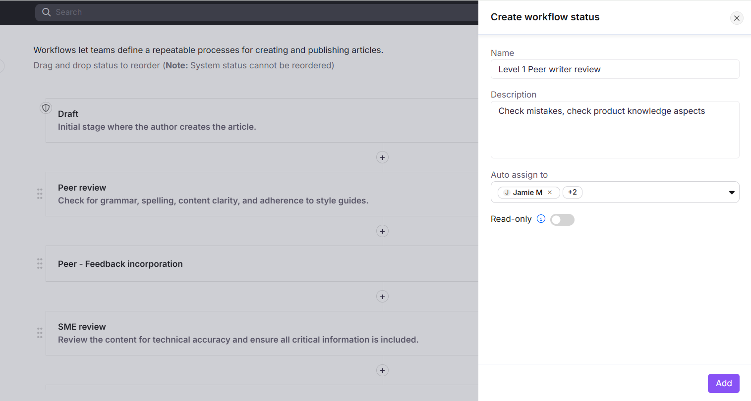 Create workflow status dialog showing Name, Description, Auto assign to, and Read-only fields