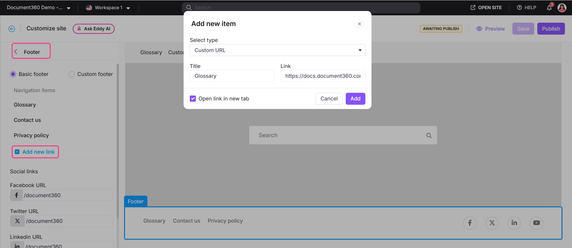 Primary navigation settings showing how to add a Glossary link to the header