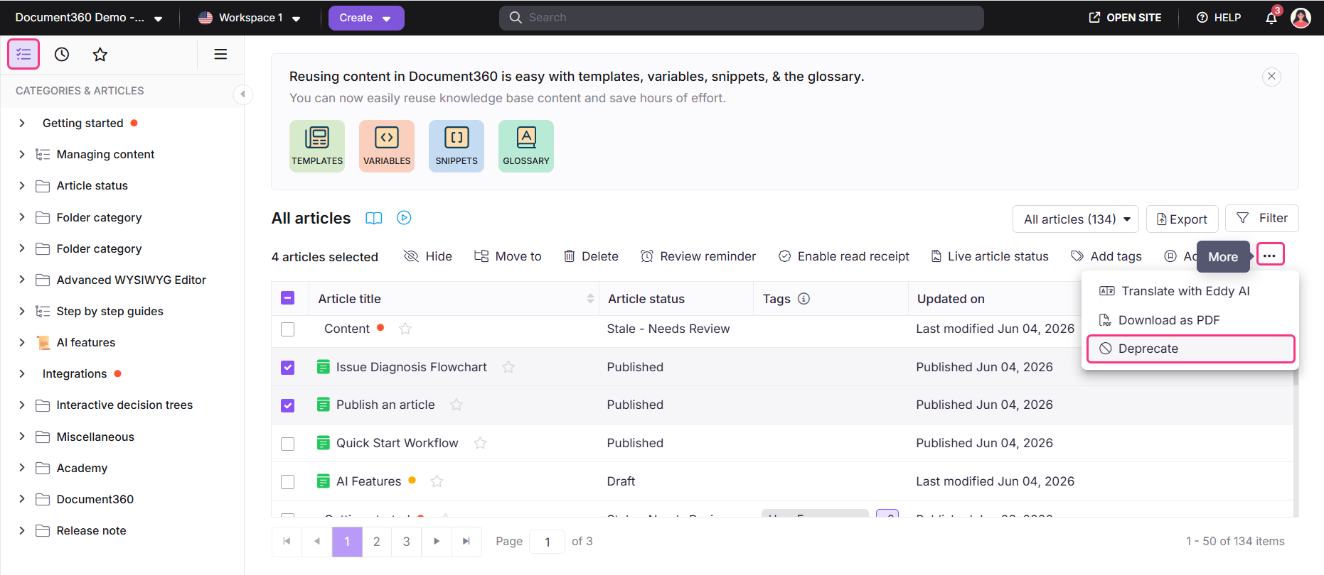 All articles page showing multiple articles selected with the Deprecate option in the More menu