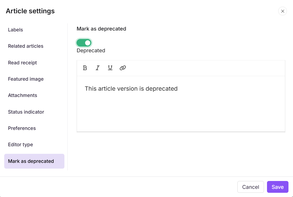 Mark as deprecated tab in the Article settings panel with the Deprecated toggle enabled