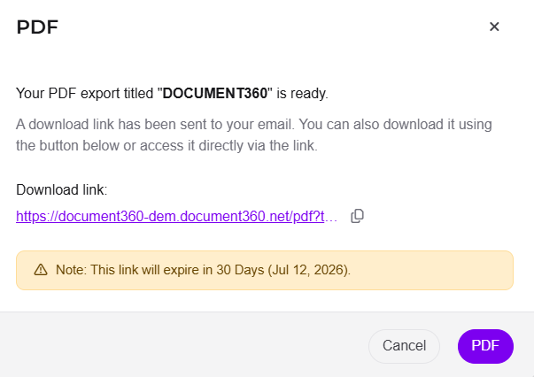 Notification popup on the knowledge base site showing the exported PDF download link