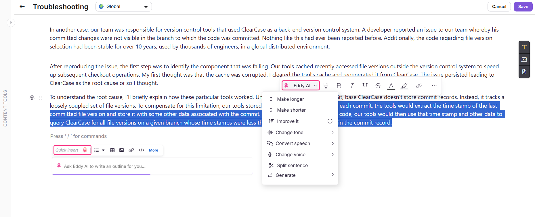 Snippet editor showing Eddy AI tools for content improvement and generation