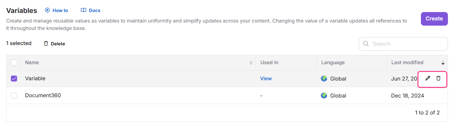 Variable edit panel showing content field and Update option
