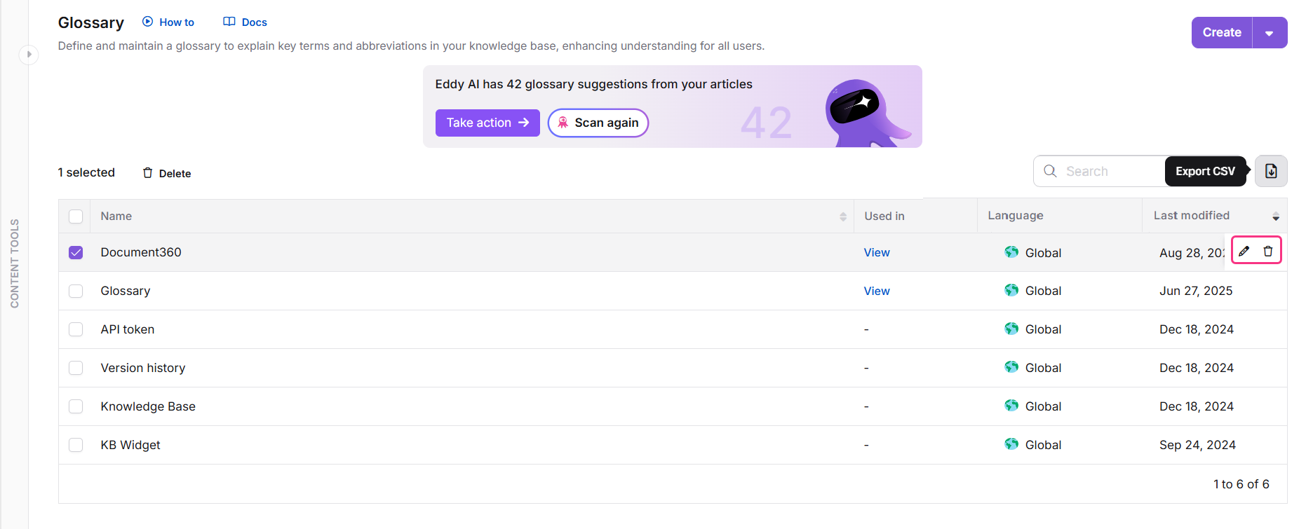 Glossary term edit panel showing translation and update options