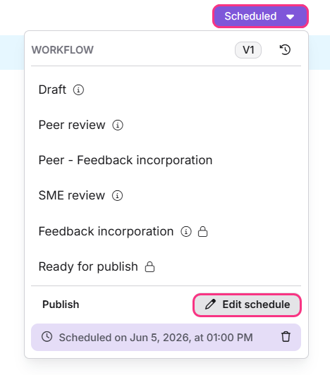 Edit schedule panel showing options to modify the scheduled publishing date and time