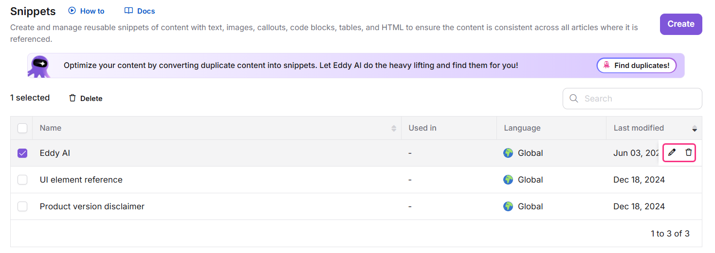 Snippet edit panel showing content and Update option