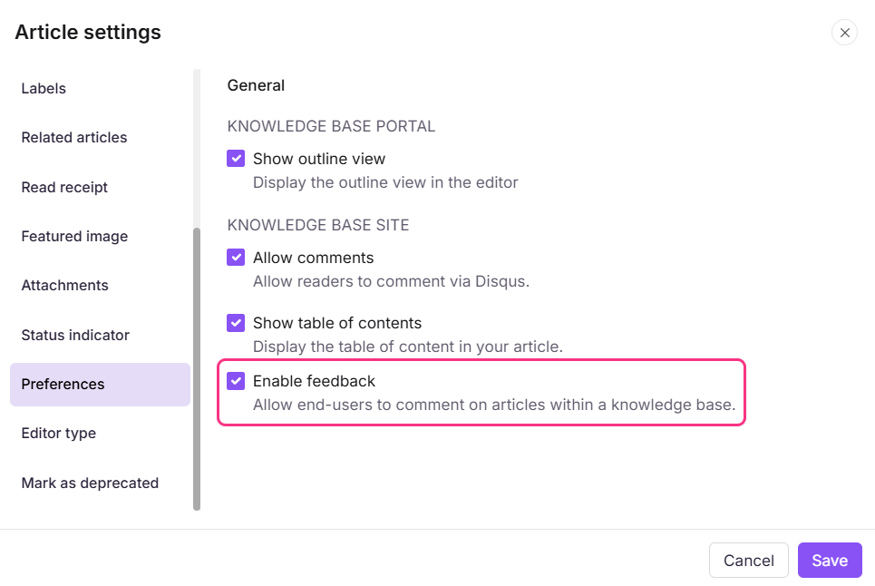 Preferences tab showing the Enable feedback checkbox