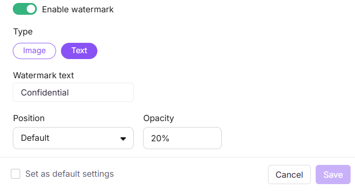 Watermark settings showing image and text watermark configuration options