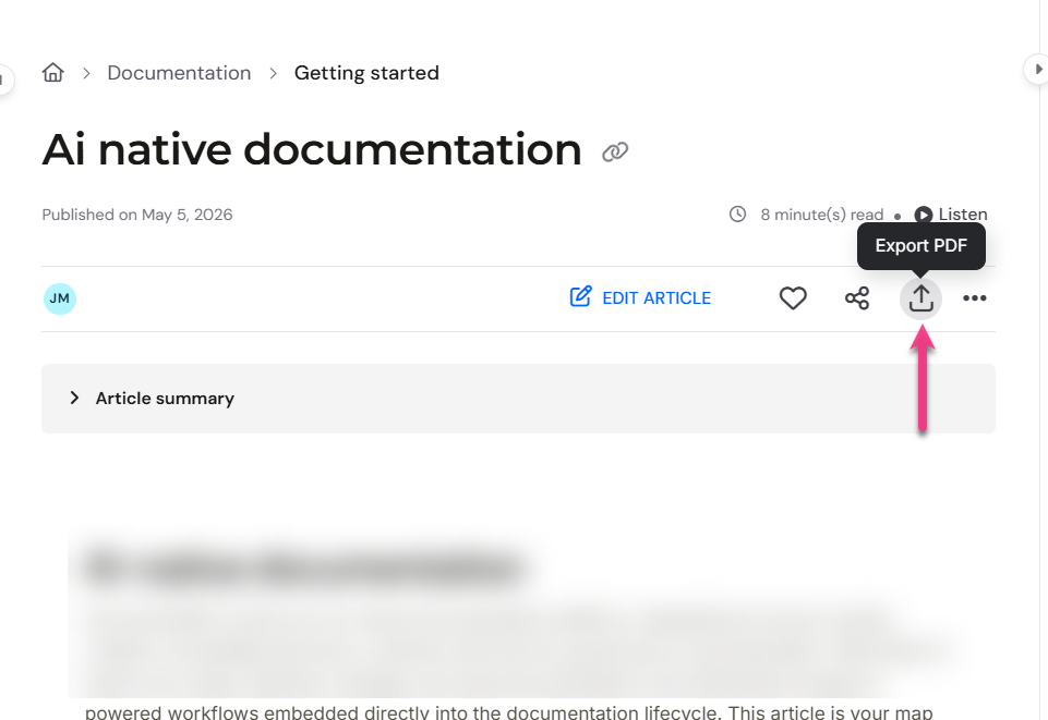 Export PDF panel on the knowledge base site showing category and article selection with template dropdown