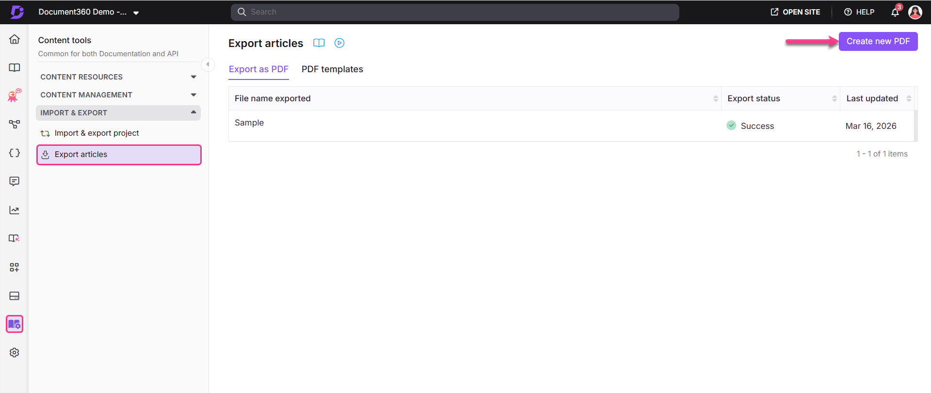 Export articles page showing the Export as PDF tab