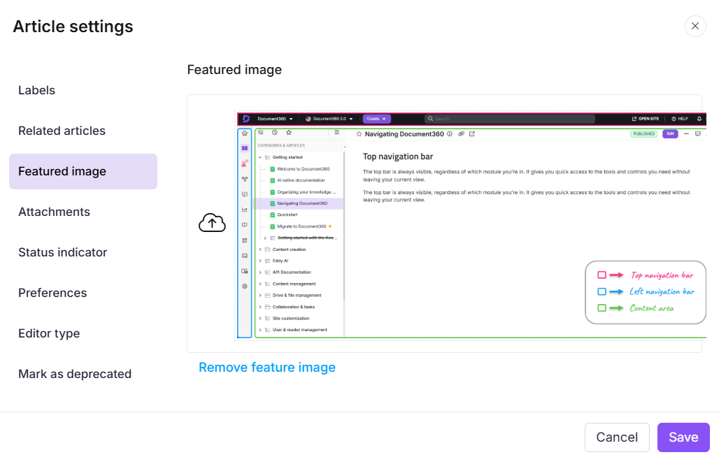 Featured image tab in the Article settings panel showing upload and preview options