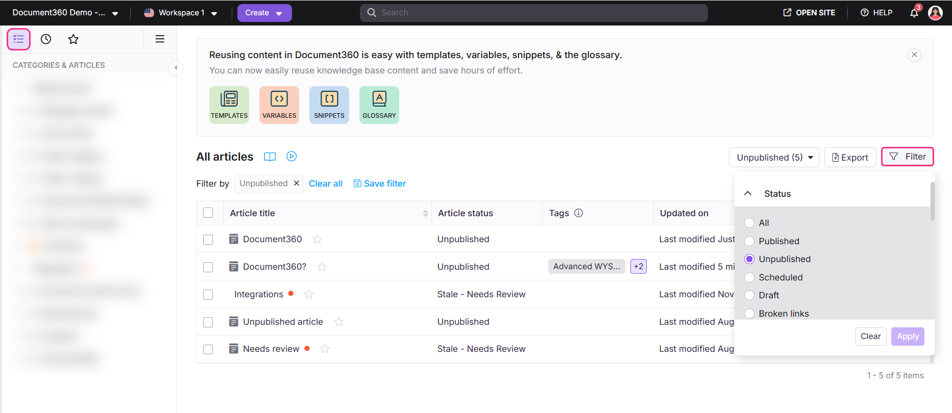 All articles page showing the Status filter with Unpublished selected