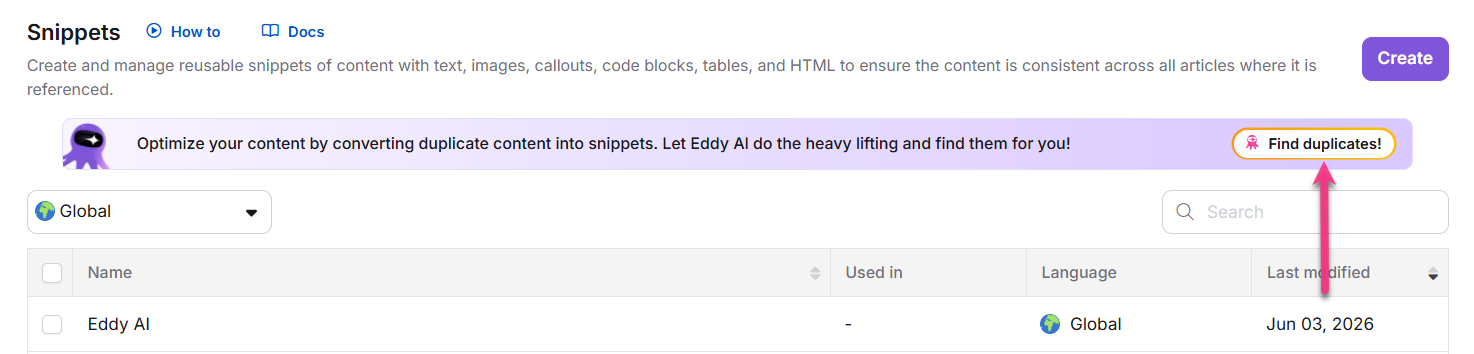 Snippets page showing the Duplicate content detection banner with Find duplicates option