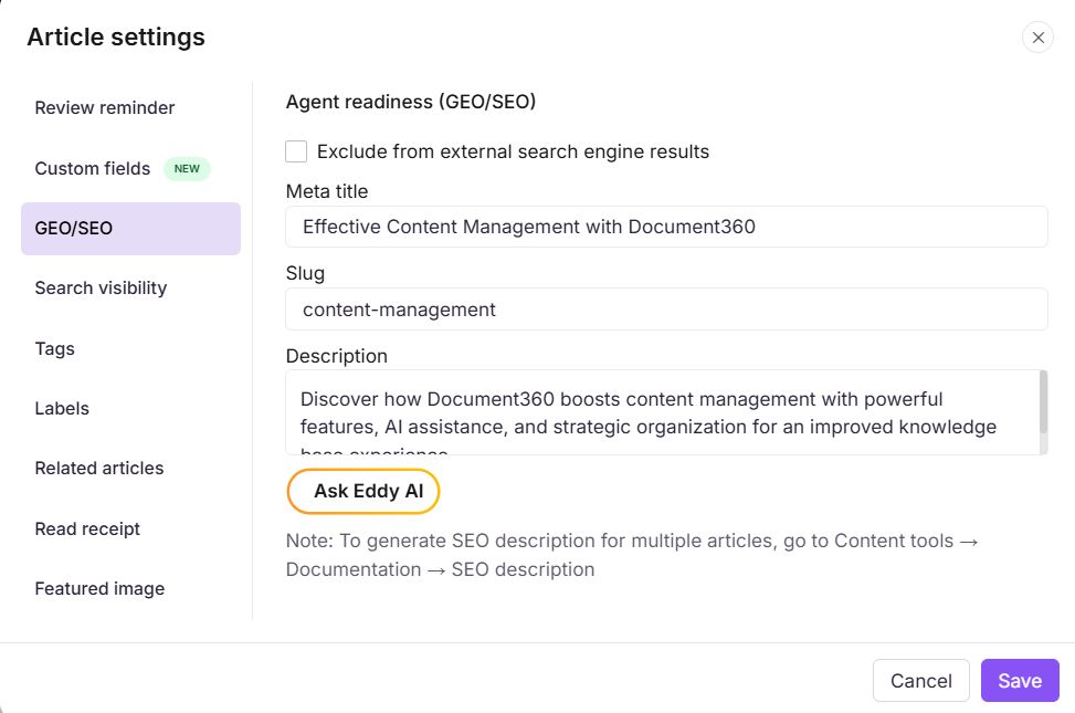 GEO/SEO tab in the Article settings panel showing meta title, slug, and description fields