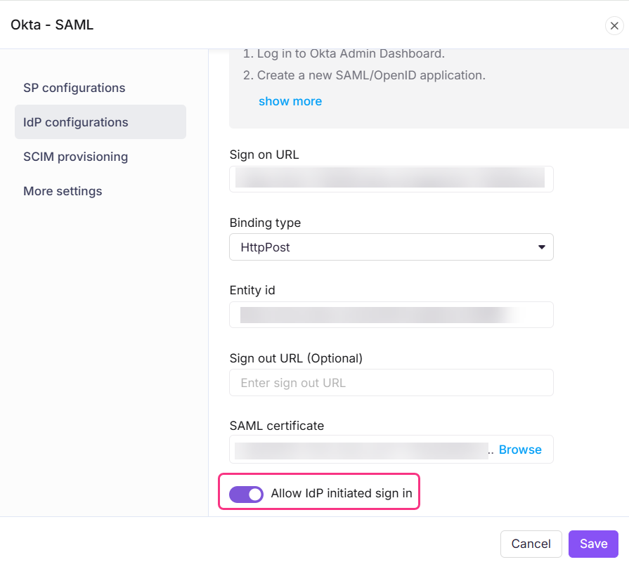 Allow IdP initiated sign in toggle in the SSO configuration panel.