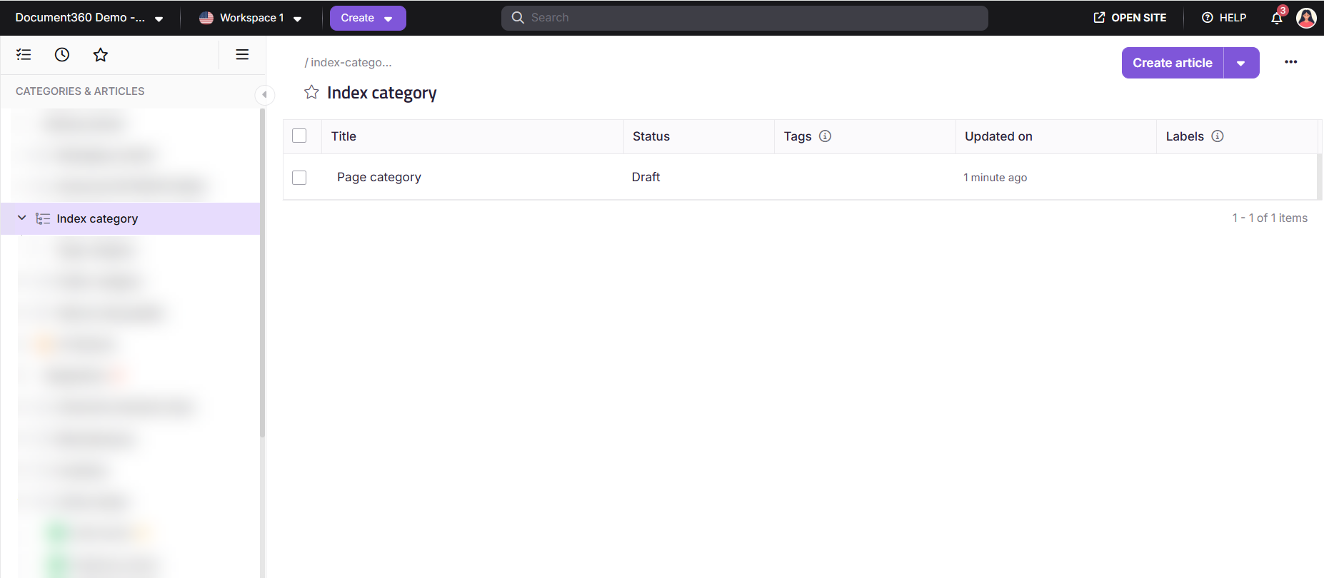 Knowledge base portal view of an index category