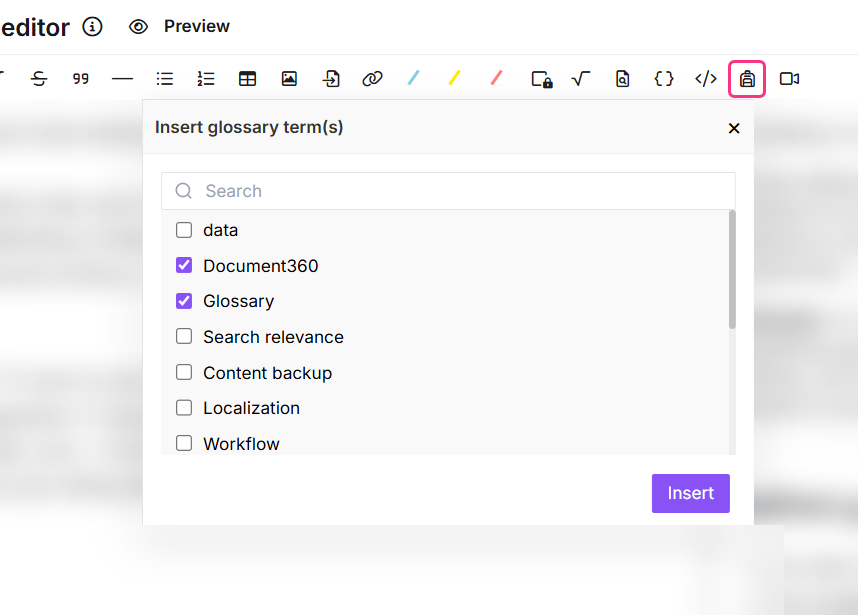 Insert glossary term menu in the Markdown editor showing available terms