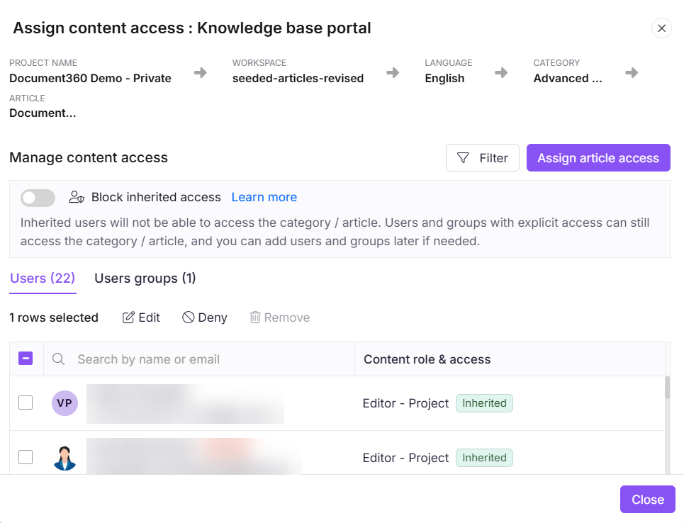 Assign content access panel showing portal users and user groups with their content roles