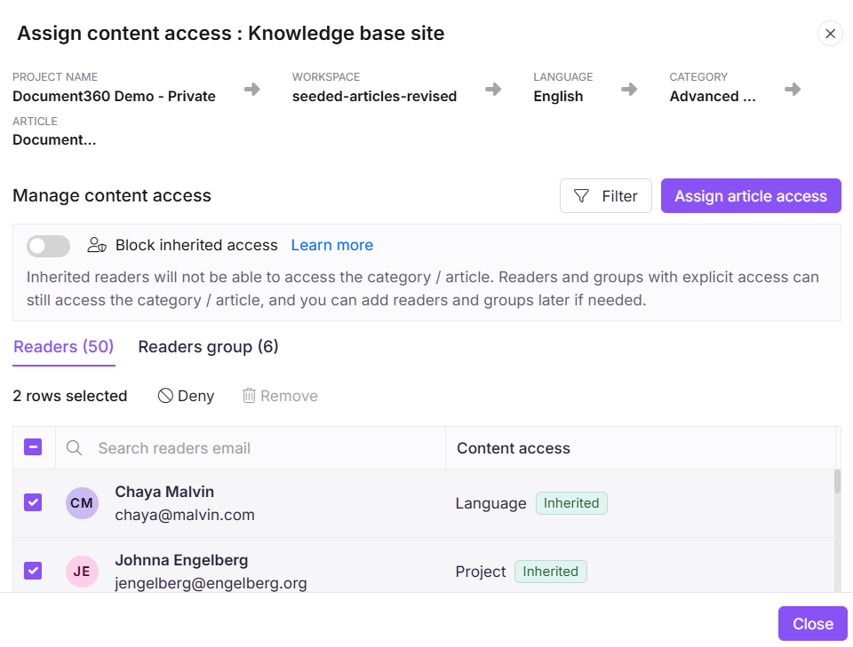 Assign content access panel for the knowledge base site showing reader accounts and reader groups