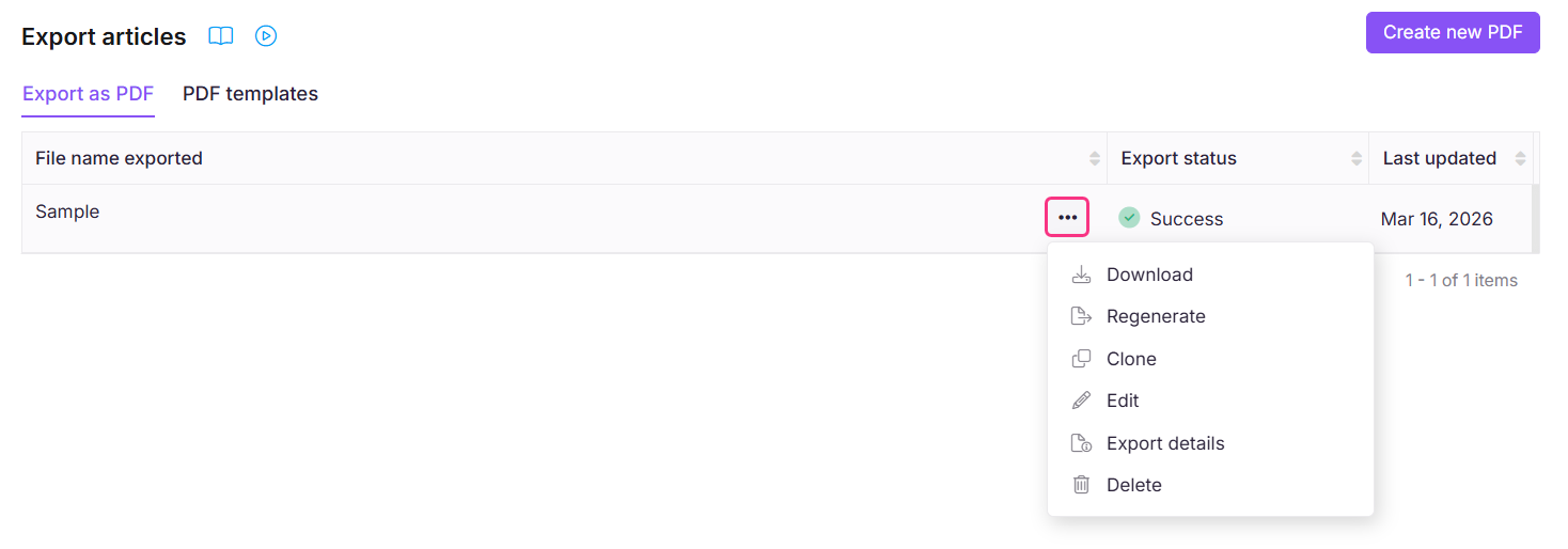 Export to PDF page showing available actions on an exported PDF including download, regenerate, clone, edit, and delete