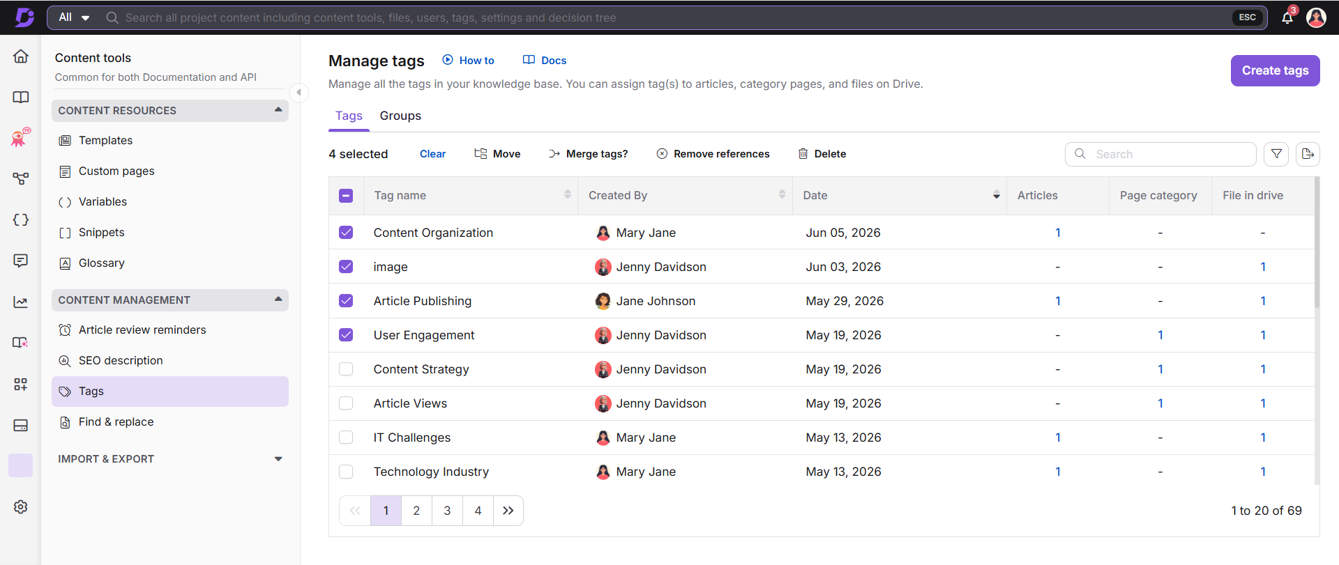 Manage tags page showing the tag library with tag names, dependencies, and management options