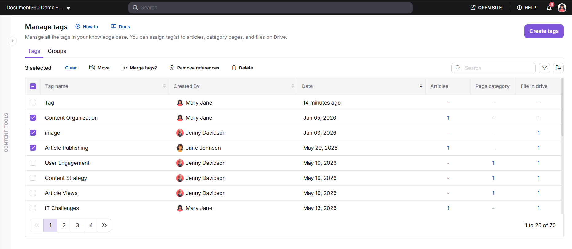 Manage tags page showing the bulk actions toolbar with edit, move, merge, remove references, and delete options