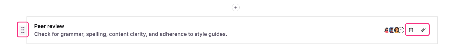 Workflow designer page showing edit, reorder, and delete options on a custom status