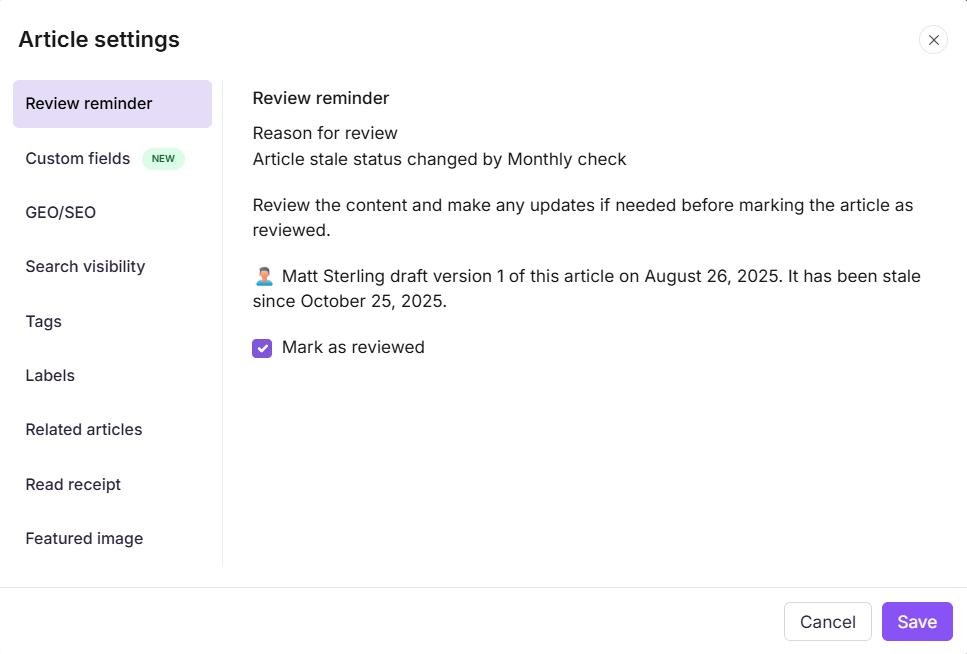 Review reminder tab in the Article settings panel showing the Mark as reviewed option