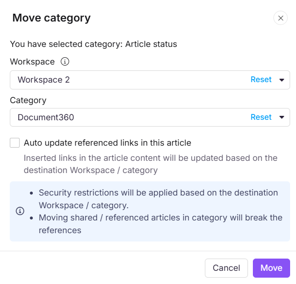 Move category panel showing workspace and category destination fields