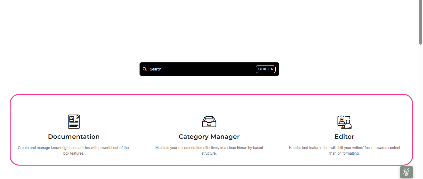 Knowledge base site showing a Multicolumn card section with icons, titles, and descriptions in a three-column layout