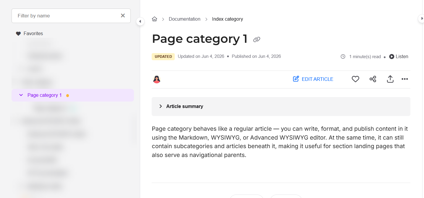 Knowledge base site view of a page category