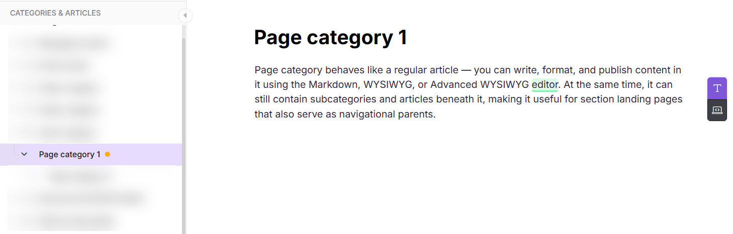 Knowledge base portal view of a page category