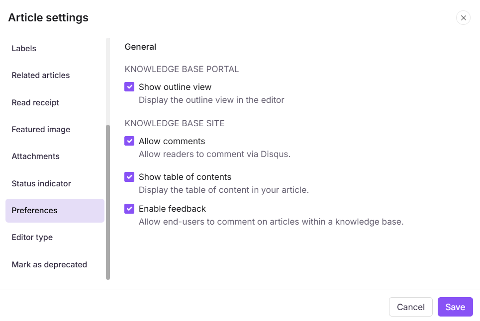 Preferences tab in the Article settings panel showing portal and site preference options