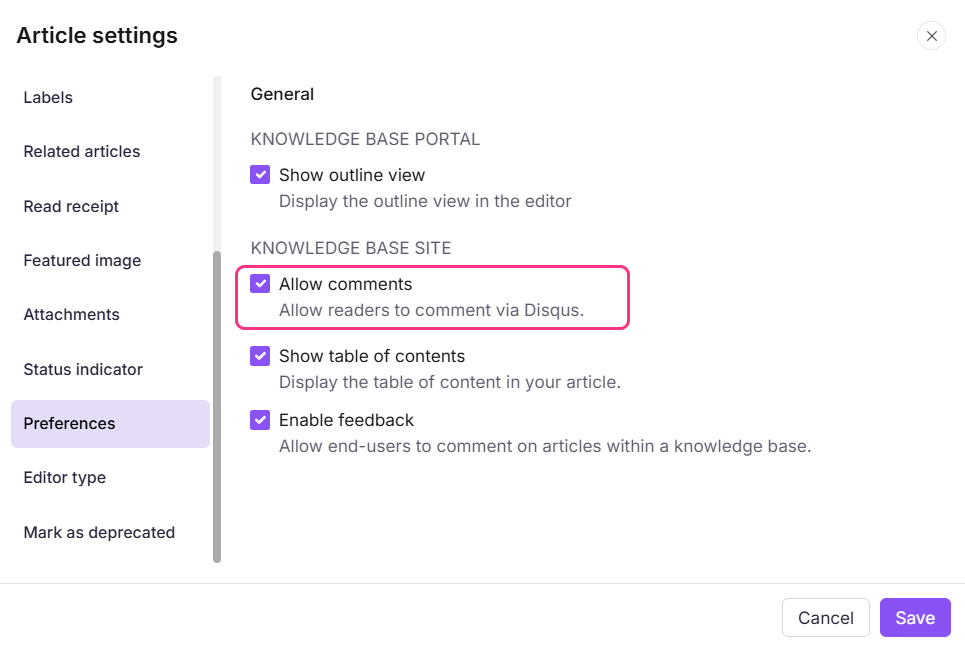 Preferences tab showing the Allow comments checkbox for Disqus public comments