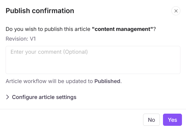 Publish confirmation dialog in the article editor