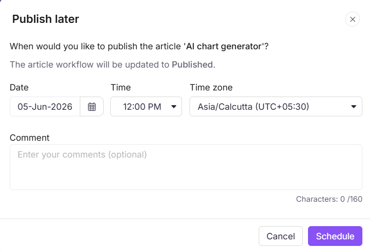 Publish later dialog showing date, time, and time zone fields