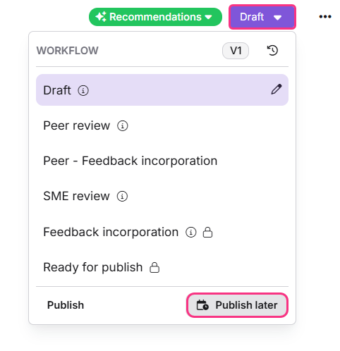 Publish later option in the Workflow dropdown in Document360