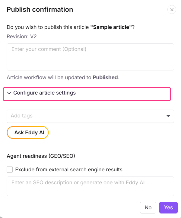 Configure article settings section in the publish confirmation prompt showing the Tags field