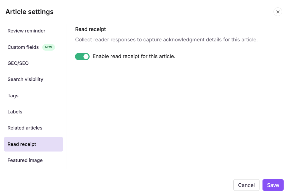 Read receipt tab in the Article settings panel with the enable toggle