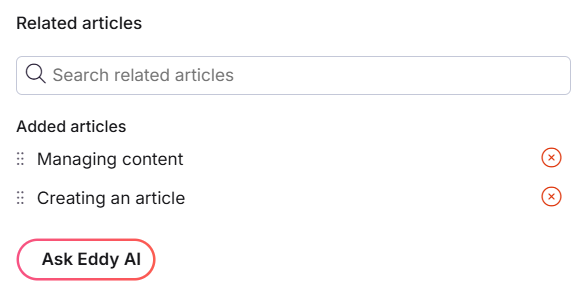 Related articles panel with Eddy AI suggestions and manual search in the publish dialog
