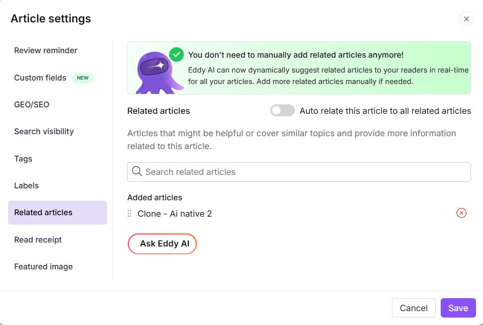 Related articles tab in the Article settings panel showing search and Eddy AI options