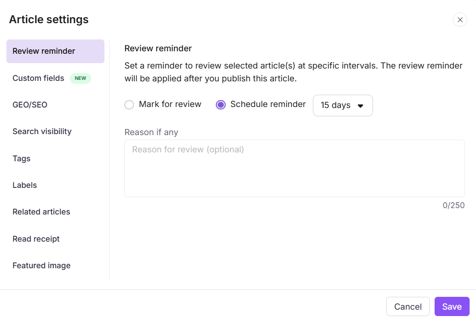 Review reminder tab in the Article settings panel showing Mark for review and Schedule reminder options