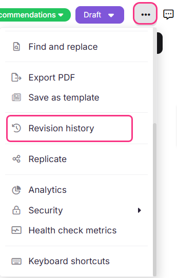 Revision history option in the More menu of the article editor