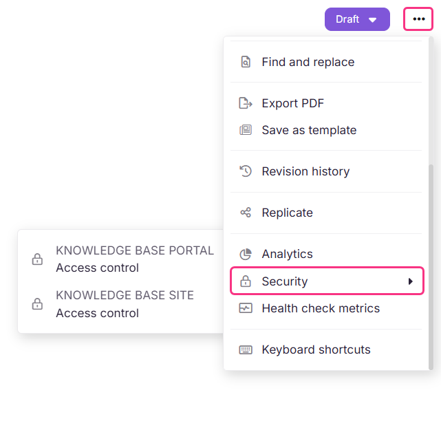 Security option in the More menu of the article header and category tree