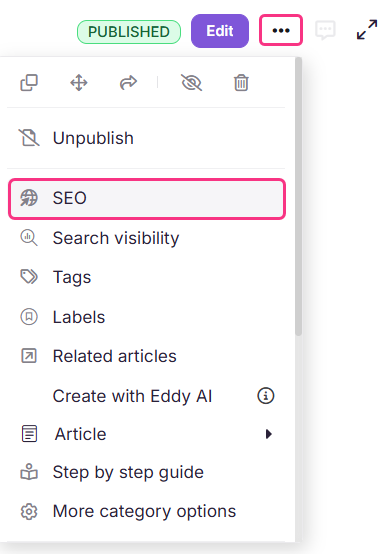 SEO option in the More menu of the article header