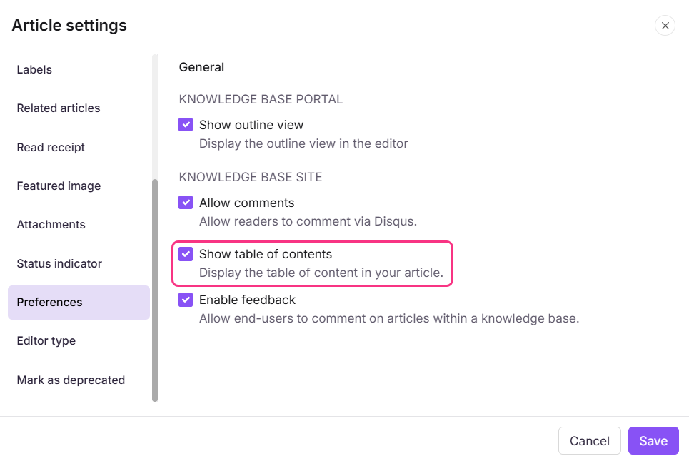 Preferences tab showing the Show table of contents checkbox for a single article