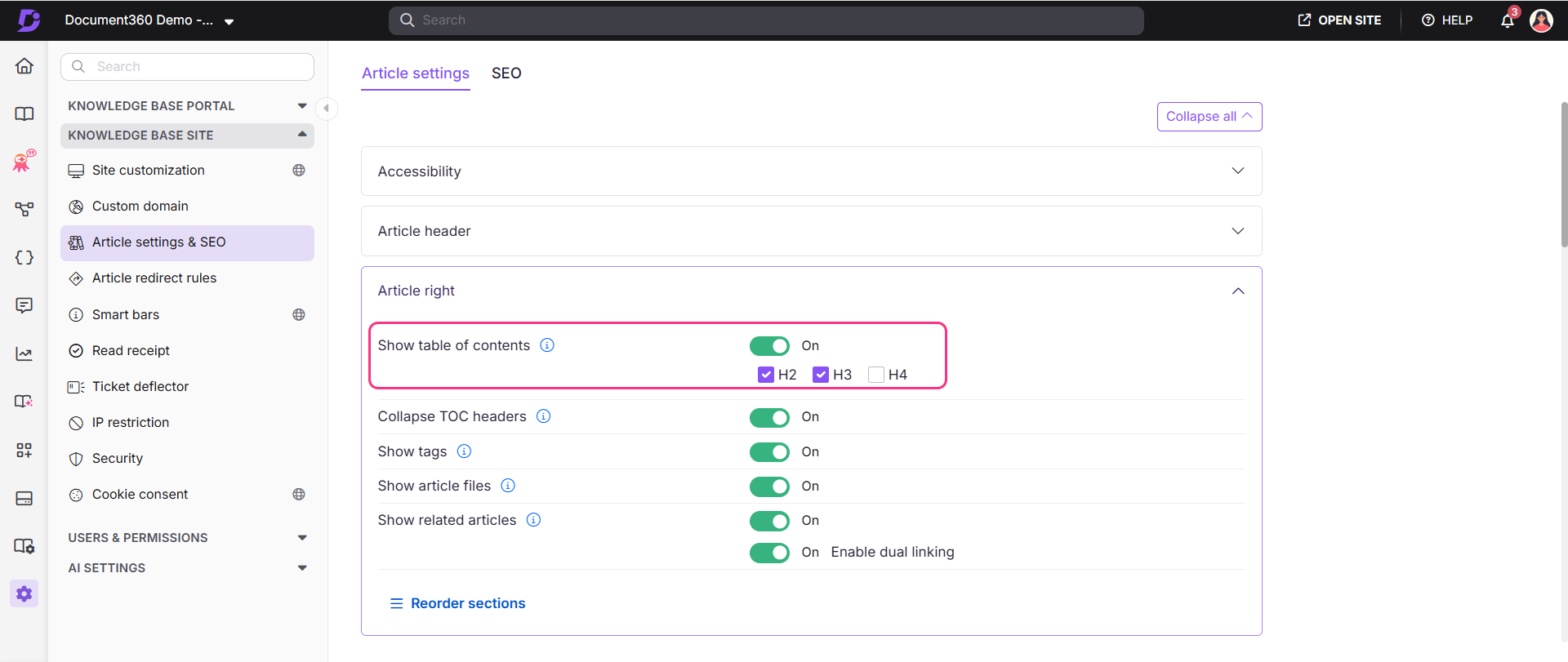 Article settings showing the Show table of contents toggle under Article right